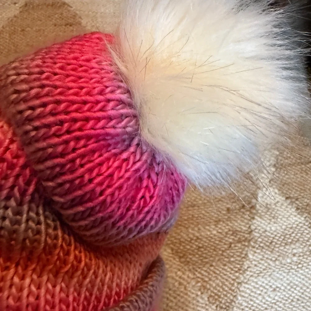 New knit pink striped foldover beanie hat